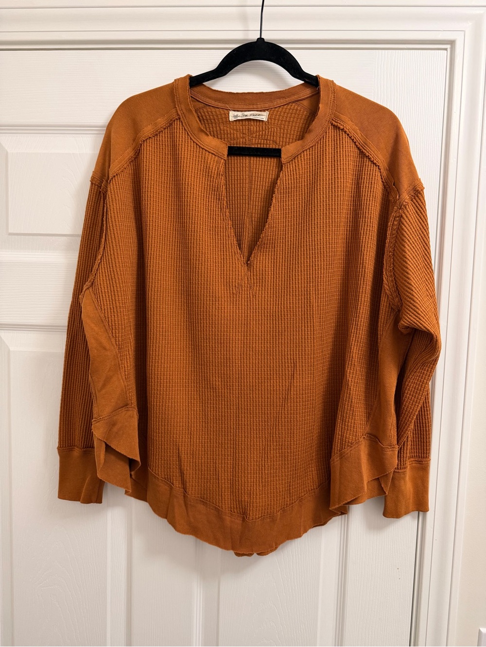 We The Free Waffle Knit Split-Neck Top - Rust Orange